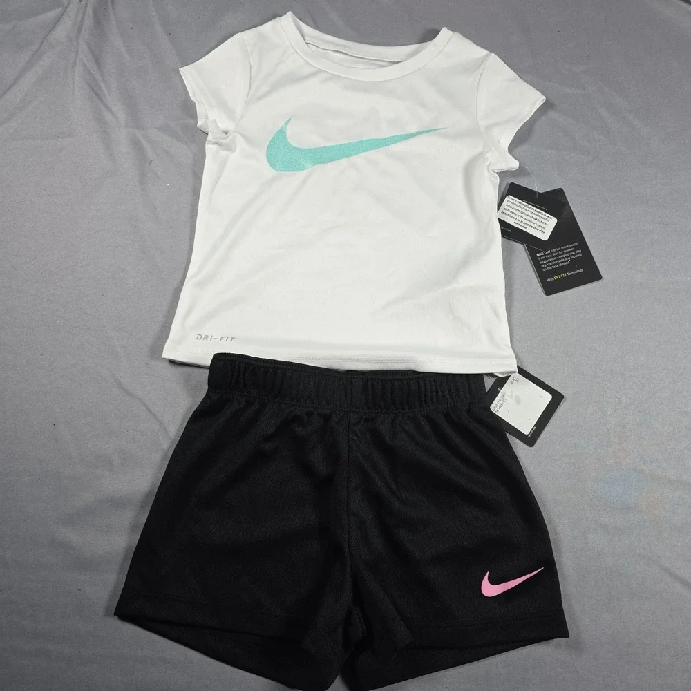 Nike Dri-Fit Little Girl's  2-Piece Graphic Tee & Short Set White Black 3T